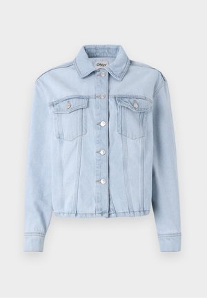Helle blaue Jeansjacke mit einem kragenförmigen Halsauschnitt, Knopfverschluss an der Vorderseite und zwei Brusttaschen. Sie hat lange Ärmel und gesäumte Bündchen.
