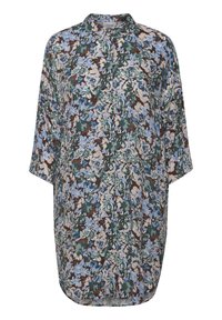 Kwiatowa bluzka tunika z wysokim kołnierzem, krótkimi szerokimi rękawami, w brązowych, niebieskich i zielonych kolorach. Tkanina ma fakturowany wzór kwiatowy.