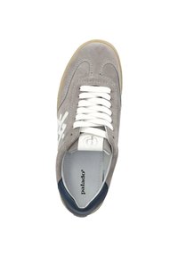 Gray suede sneaker with white laces, navy accents, and a textured rubber sole. Features branding on the insole and decorative stitching.