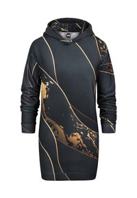 Black hoodie dress with abstract gold and dark brown patterns, featuring a drawstring hood and long sleeves, made from soft fabric.