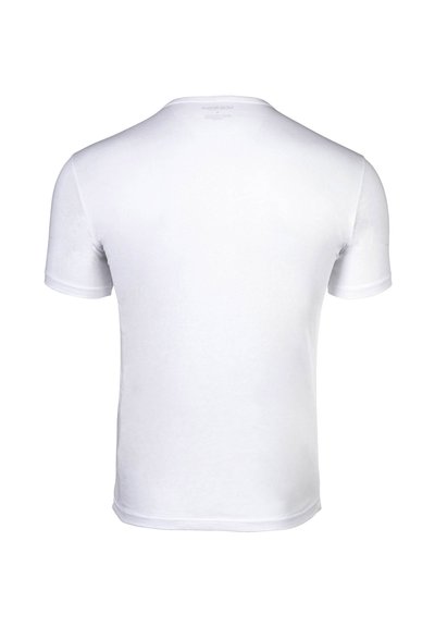 Απλό λευκό κοντομάνικο T-shirt εμφανίζεται από πίσω με στρογγυλή λαιμόκοψη σε λευκό φόντο.