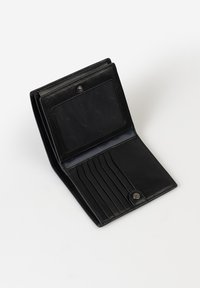 Black leather wallet, bi-fold design, features card slots, a clear ID pocket, and a snap closure. Smooth texture with minimal hardware.