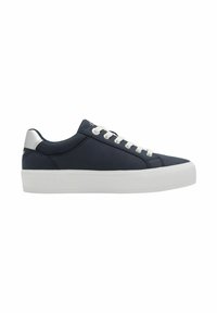 Sneaker blu con suola bianca, realizzato in tessuto liscio, con punta rotonda e dettagli argentati sul tallone e sugli occhielli. Design con lacci.