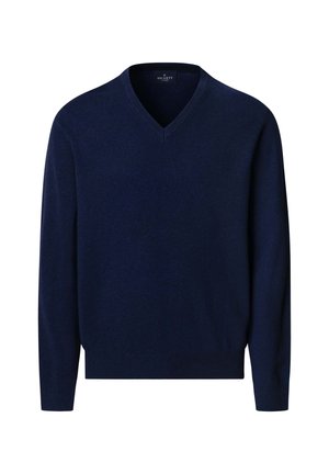 Sweater azul marino de cuello en V, hecho de una tela suave, presenta mangas largas y una textura lisa. Diseño sencillo sin patrones ni acentos.