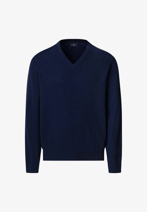 Dunkelblauer V-Ausschnitt-Pullover aus weichem Stoff, mit langen Ärmeln und glatter Textur. Einfaches Design ohne Muster oder Akzente.