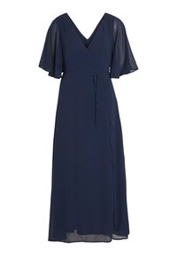 Ναυτικό μπλε φόρεμα περιτυλίγματος με κοντά φτερωτά μανίκια, βαθύ V-λαιμό και ζώνη με διπλωτό κόμπο στη μέση. Φτιαγμένο από ελαφρύ, ρευστό ύφασμα.