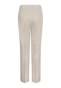 Pantalon beige sur mesure vu de dos avec passants de ceinture et deux poches à jet, coupe droite, en tissu léger.