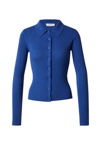 Blauwe geribde cardigan met een kraag, lange mouwen en knoopsluiting. Glad textuur met verticale strepen en bijpassende knopen.