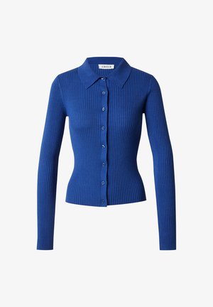 Blaues geripptes Cardigan mit Kragen, langen Ärmeln und Knopfverschluss. Glatte Textur mit vertikalen Streifen und passenden Knöpfen.