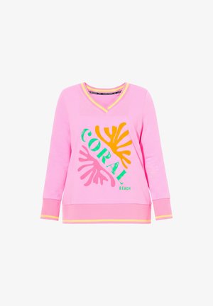 Růžová mikina s dlouhým rukávem a výstřihem do V, žlutý lem, korálový grafický motiv v oranžové a růžové barvě a zelený nápis "CORAL BEACH" na přední straně.