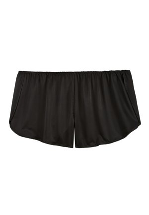 Shorts noirs à taille élastique avec tissu fluide et ample et ouvertures latérales, conçus pour le confort et un usage décontracté.