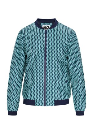 Veste bomber légère avec un motif pied-de-poule en bleu canard et marine, dotée d'un zip sur le devant, de poignets côtelés et d'un col rond.