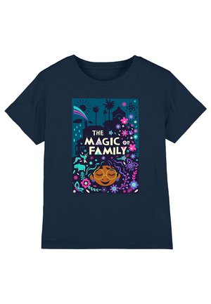 Navy blue cotton t-shirt featuring a colorful graphic with the text "THE MAGIC OF FAMILY," surrounded by flowers and a character with closed eyes.