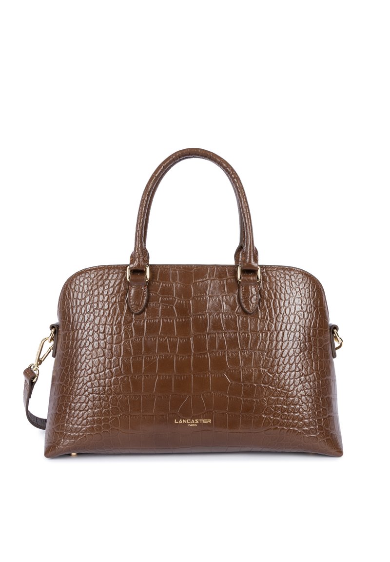 Sac à main en cuir synthétique imitation crocodile marron avec deux poignées arrondies, une bandoulière amovible et des finitions en métal doré. Comprend un détail logo.