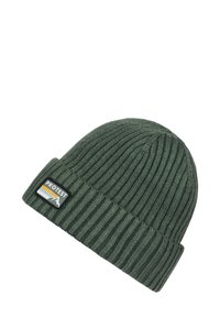 Groene gebreide beanie met een geribbelde textuur, omgeslagen boord en een klein logo-label met bergen en gestreepte accenten.