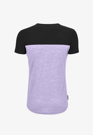 Short-sleeve t-shirt featuring a black upper and light lavender lower section. Made of soft cotton, it has a smooth texture and round neckline.