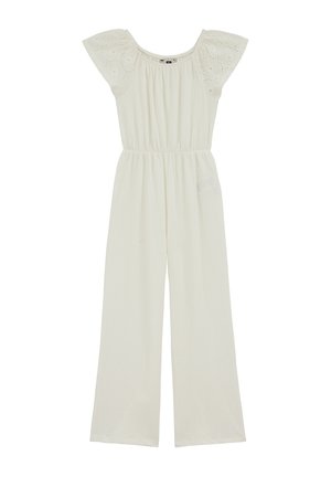 Mono blanco de piernas anchas con cintura elástica y mangas cortas abullonadas con detalles de bordado de ojales.