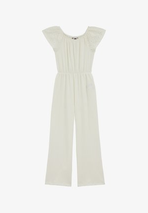 Hvid buksedragt med brede ben, elastisk talje og korte pufærmer med hulbroderi detaljer.