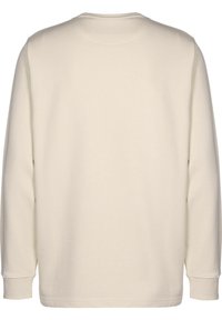 Cremefarbener Sweatshirt mit langen Ärmeln, rundem Halsausschnitt, gerippten Bündchen und glatter Textur, ohne sichtbare Logos oder Muster.