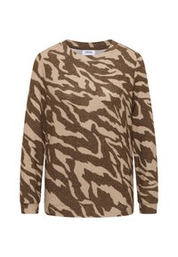 Langärmliger Pullover in Beige mit einem braunen, abstrakten Tigerstreifen-Muster, aus weichem Material gefertigt, mit Rundhalsausschnitt und gerippten Bündchen.