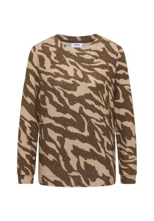Beige lange mouwen trui met een bruin abstract tijgerstreep patroon, gemaakt van zachte stof met een ronde halslijn en geribbelde manchetten.