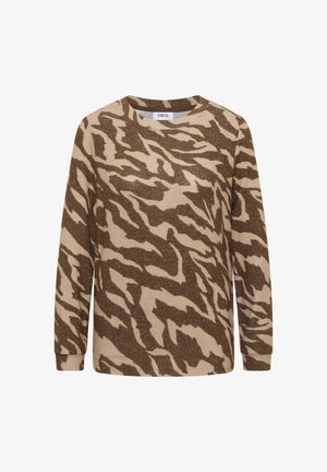 Beżowy sweter z długim rękawem, ozdobiony brązowym abstrakcyjnym wzorem przypominającym tygrysie paski, wykonany z miękkiego materiału, z okrągłym dekoltem i ściągaczami przy mankietach.