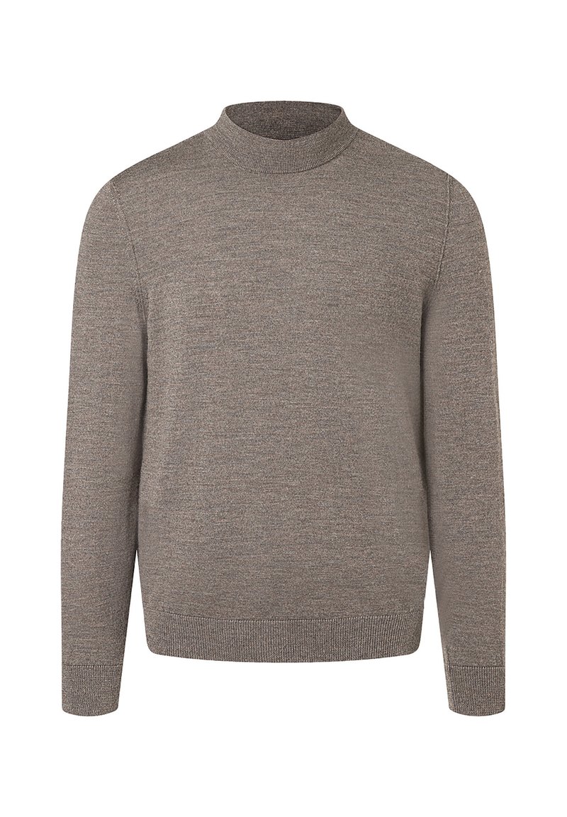 Långärmad, ljusbrun stickad tröja med hög hals och ribbade ärmslut och nederkant, visad mot en enkel vit bakgrund.