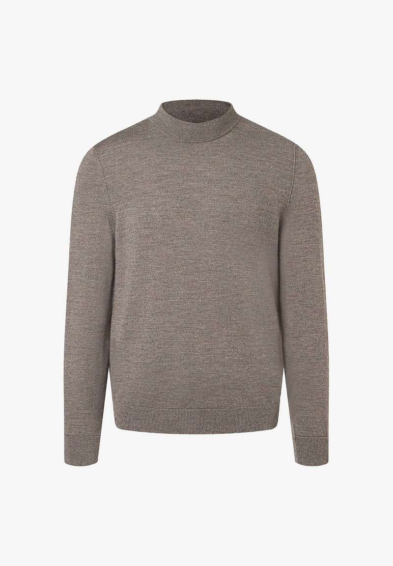 Long-sleeve, light brown knit sweater with a mock neck and ribbed cuffs and hem, displayed on a plain white background.