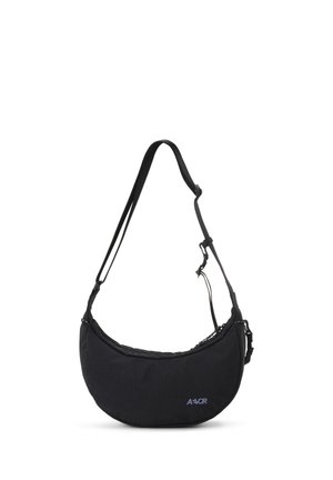 Black crescent-shaped shoulder bag with adjustable strap and small logo on the front, displayed against a white background.