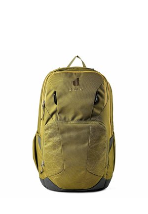 Sac à dos Deuter vert olive avec plusieurs compartiments zippés, motif géométrique sur la poche avant et bretelles rembourrées.