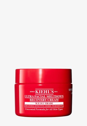 Rotes Glasgefäß der Kiehl’s Ultra Facial Meltdown Recovery Cream mit weißem Text, gekennzeichnet als unparfümierte Formel für alle Hauttypen, 0,95 fl oz.