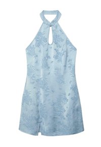 Robe bleu clair à col halter avec motif jacquard floral, ouverture en forme de goutte d'eau à l'avant et petite fente devant.