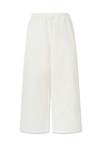 Witte, wijde taillebroek met een elastische tailleband, gemaakt van een zachte stof. Heeft een gladde textuur en een minimalistisch ontwerp.