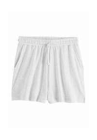 Lichtgrijze shorts van zachte stof met een gestructureerd patroon, voorzien van een elastische tailleband en zijzakken.