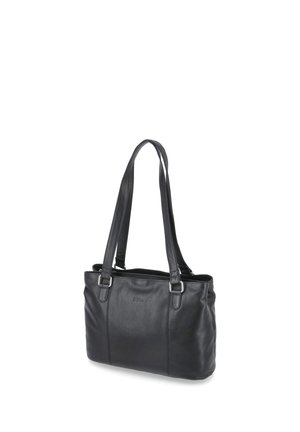 Sac cabas en cuir noir avec doubles bretelles et boucles argentées, forme rectangulaire, texture lisse et logo embossé subtil sur le devant.