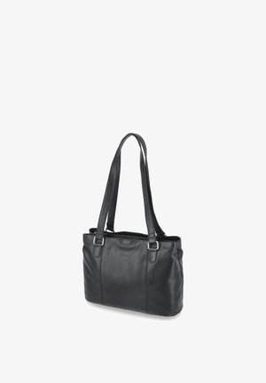 Black leather tote bag with dual shoulder straps and silver buckles, rectangular shape, smooth texture, and subtle embossed logo on the front.