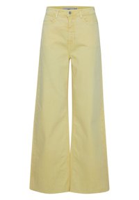 Jeans beige a gamba larga realizzati in tessuto misto cotone, con chiusura a bottoni, passanti per cintura e classico design a cinque tasche. Tessuto liscio in tutta la sua estensione.