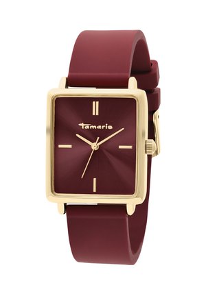 Square watch featuring a burgundy silicone strap and a matching textured face, gold-tone hardware, and minimalist hour markers.