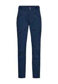 Marinblå softshell bukser med flere lynlåslommer, tætsiddende ben og forstærkede knæ for holdbarhed. Lavet af fleksibelt, vejrbestandigt materiale.