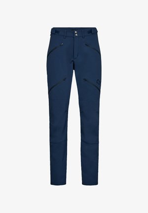 Marinblå softshell bukser med flere lynlåslommer, tætsiddende ben og forstærkede knæ for holdbarhed. Lavet af fleksibelt, vejrbestandigt materiale.