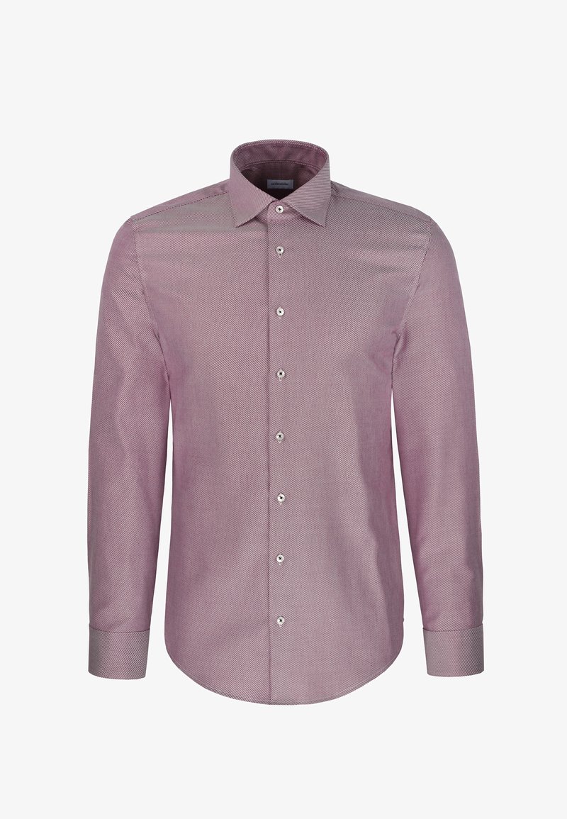 Chemise habillée homme à manches longues de couleur violet clair avec un col pointu et des boutons à l'avant, présentée sur fond blanc.