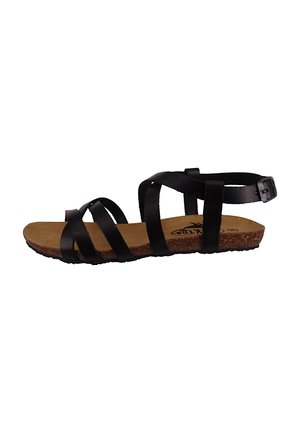 Black strappy sandal with a cork footbed, featuring thin, overlapping straps and an adjustable ankle strap. Textured rubber sole.
