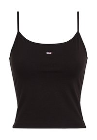 Czarny crop top bez rękawów, wykonany z miękkiego materiału, z cienkimi ramiączkami i małym haftowanym logo z detalami w kolorze czerwonym, białym i niebieskim.