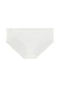 Witte katoenen slip met een gladde textuur, volledige dekking en een delicate kantafwerking aan de tailleband. Eenvoudige en naadloze constructie.