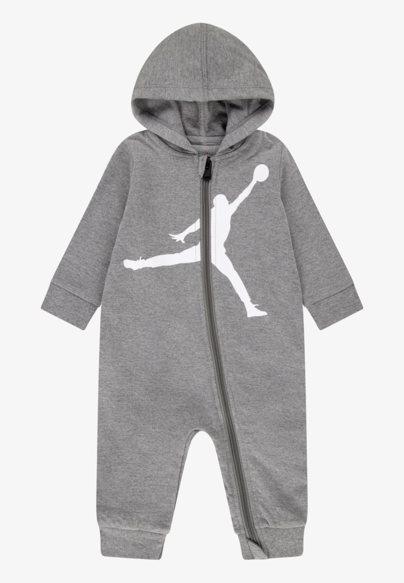 Grauer Hoodie-Jumpsuit mit langen Ärmeln, durchgehendem Reißverschluss auf der Front und einer weißen Silhouette-Grafik. Weicher Stoff mit gerippten Bündchen und Saum.