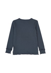 Navy long-sleeve top with a ribbed texture, featuring ruffled cuffs and a straight, ruffled hem. Simple crew neckline.