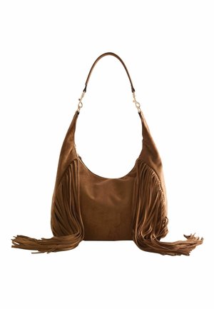 Sac à épaule en daim marron avec de longues franges de chaque côté et une bandoulière simple avec des fermoirs dorés.