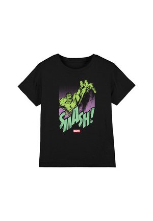 Schwarzes Baumwoll-T-Shirt mit einem Grafikdruck eines grünen Charakters und dem Text "SMASH!" in fetten grünen Buchstaben auf einem lila Hintergrund.