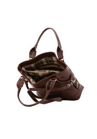 Borsa a mano in pelle marrone con doppie maniglie, chiusura con zip e interno foderato a quadri. Presenta più scomparti e dettagli in metallo color oro.