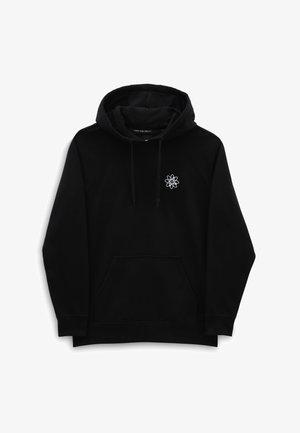 Sort pullover-hoodie med forlomme, snøre i hætten og lille hvidt atomdesign på venstre bryst.